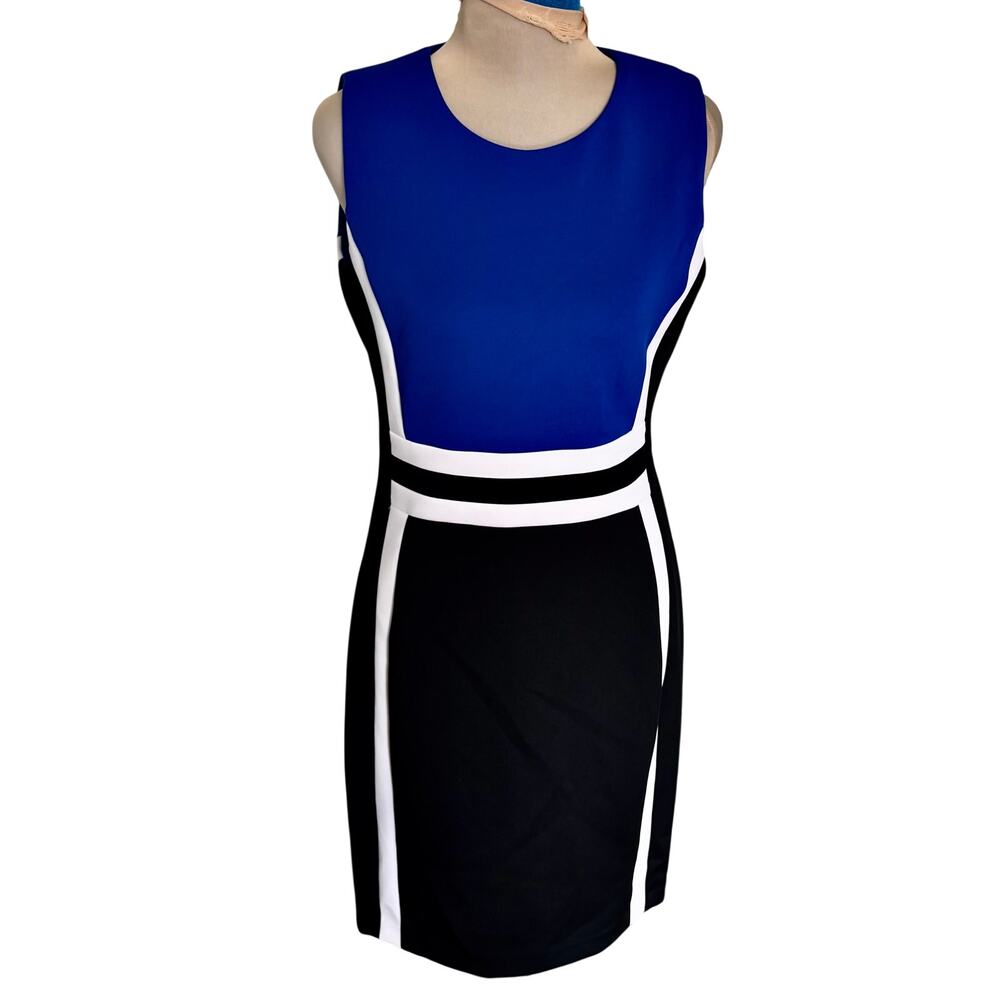 Calvin Klein ColorBlock Stretch Ponte Scuba Knit Sheath Dress Striped Coastal